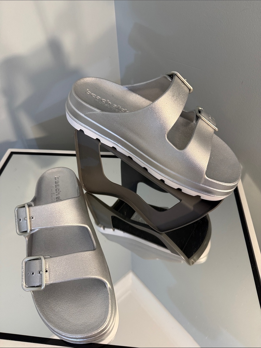 J Slides Silver Double-Buckle Slide Sandals nwot